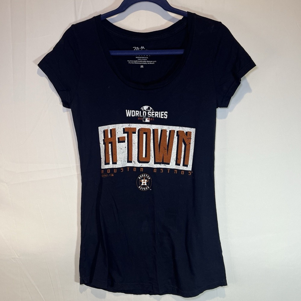 Women's Small Houston Astros navy blue crew neck Majestic t-shirt World Series